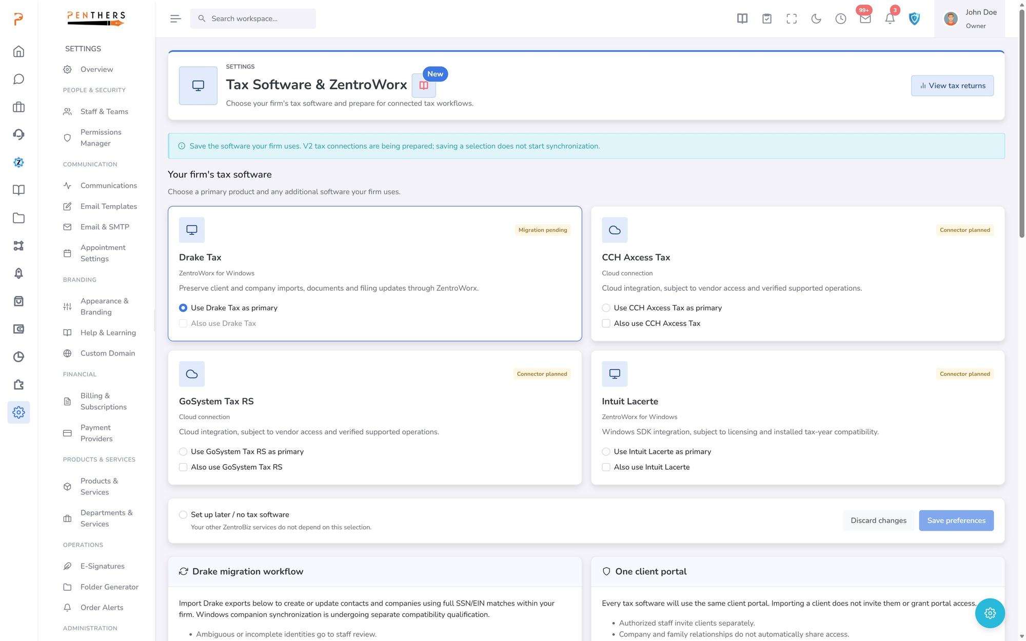 Tax Software & ZentroWorx settings